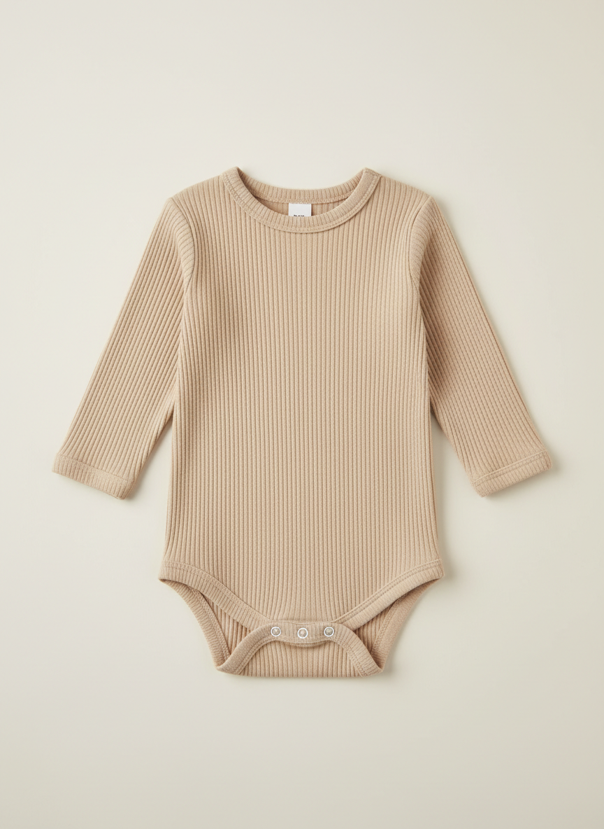 Vera Ribbed Long-Sleeve Onesie 0-3M Oatmeal Main Image