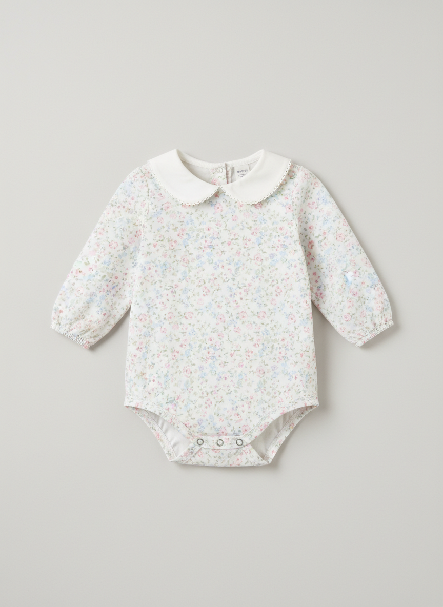 Aura Peter Pan Collar Bodysuit 0-3M White Floral Main Image