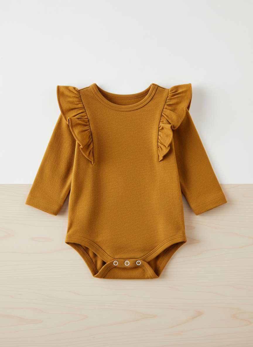 Vera Ruffle Shoulder Onesie 0-3M Mustard Main Image