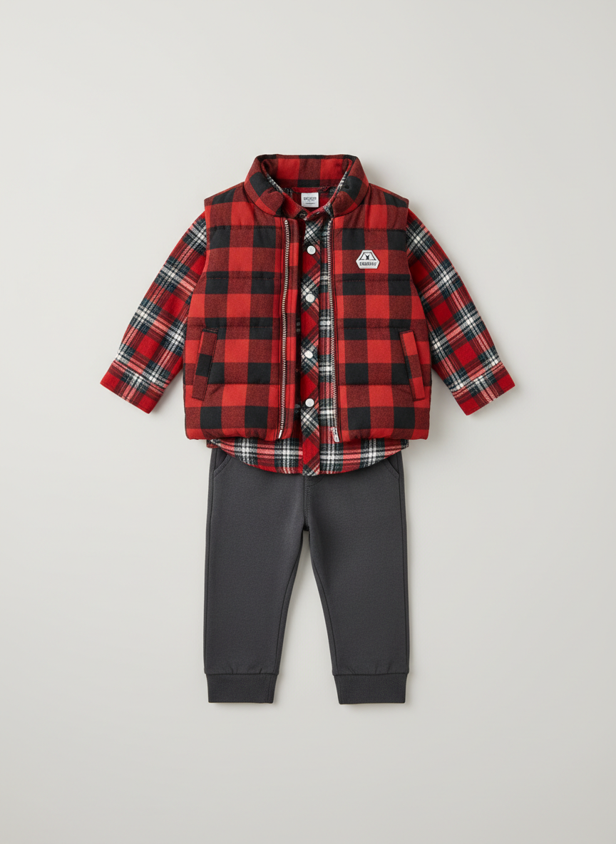Rebel Puffer Vest & Flannel Outfit 3-6M Red Plaid Main Image