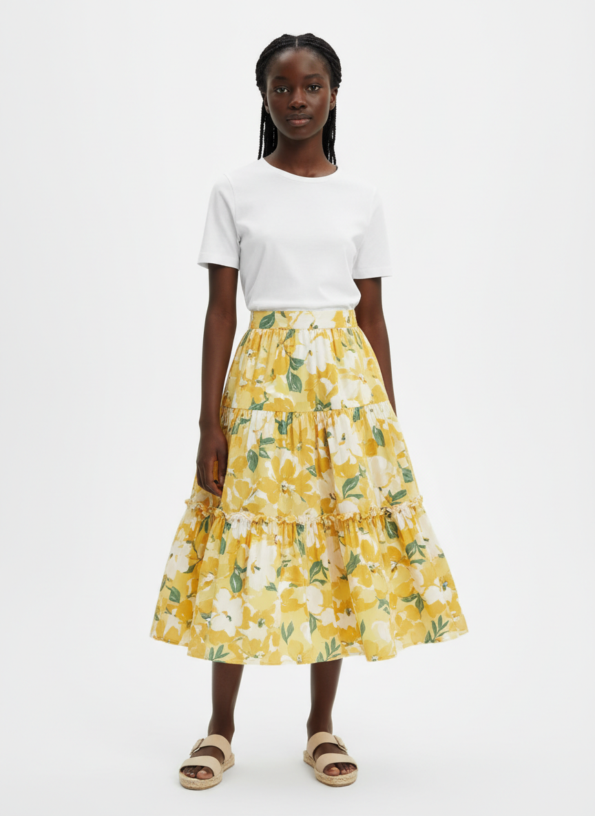 Vera Floral Tiered Skirt M Yellow Floral Main Image