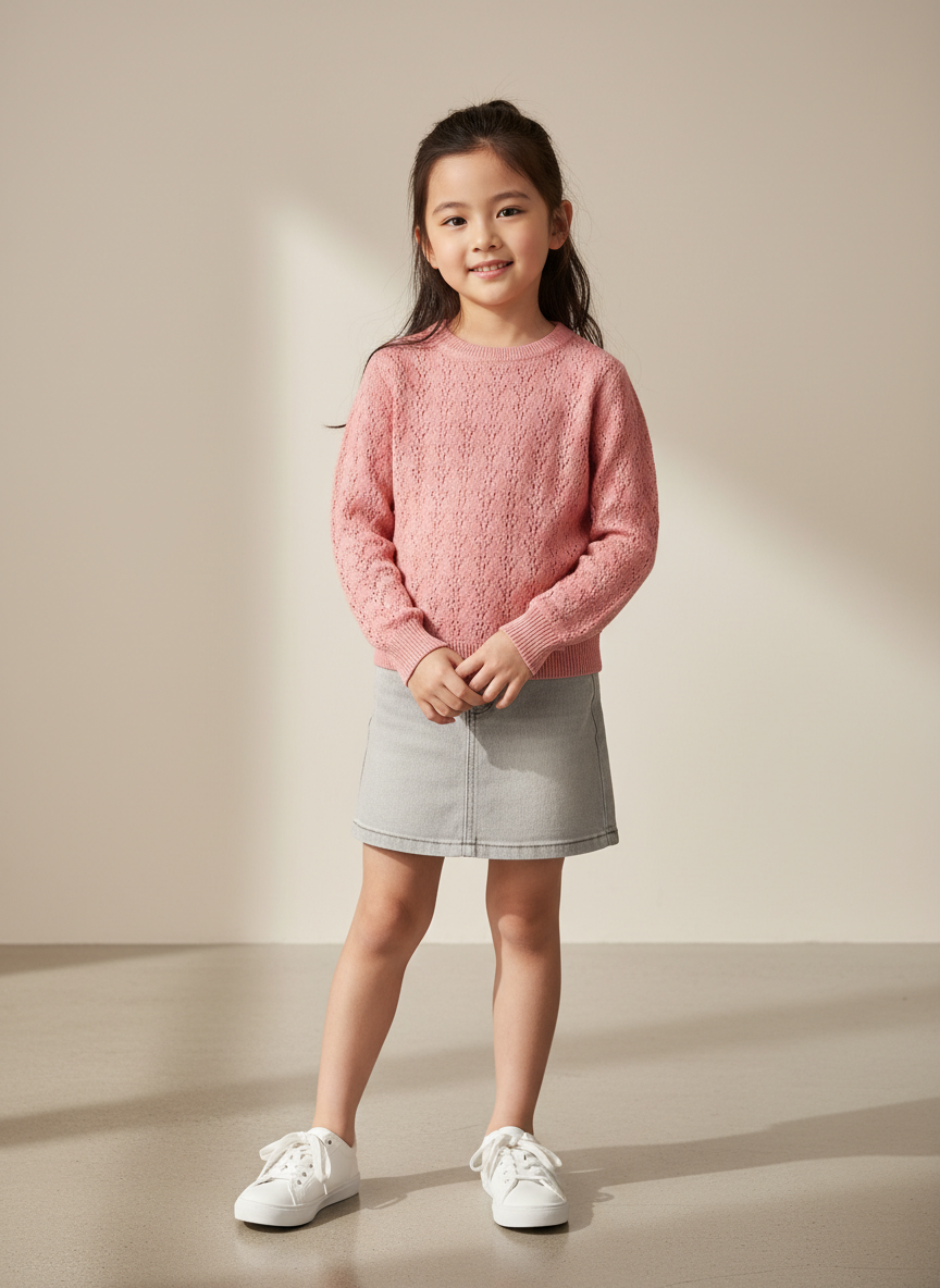 Aura Pointelle Knit Long Sleeve L Pink Main Image