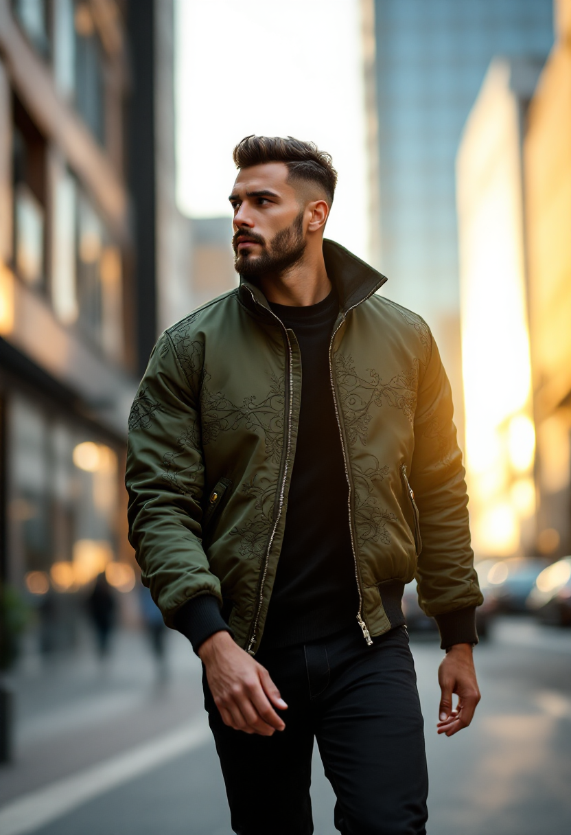Olive Embroidered Bomber Jacket Main Image