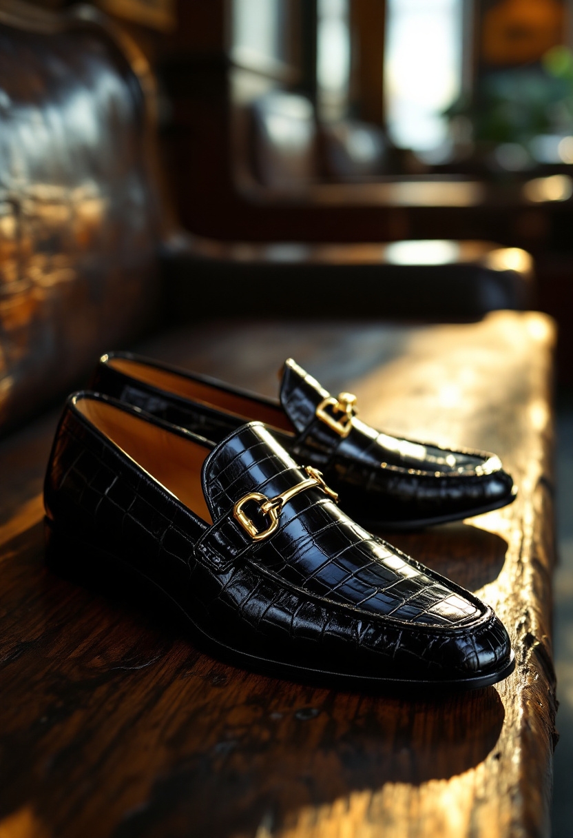 Black Croc-Embossed Loafers with Gold Bit Main Image