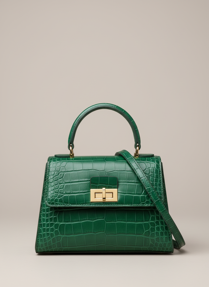 Aura Croc-Embossed Top Handle Emerald Main Image