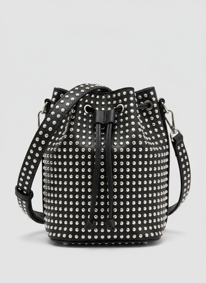 Rebel Studded Bucket Bag Black Main Image