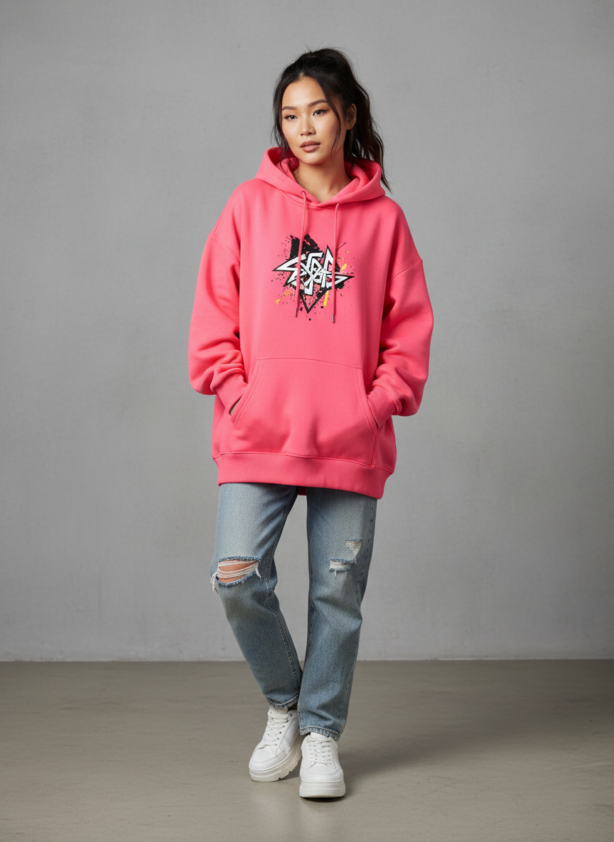 Rebel Graphic Streetwear Hoodie Small Neon Pink Main Image