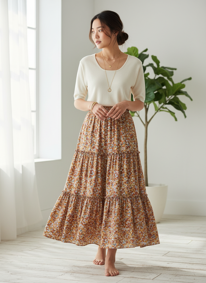 Aura Tiered Boho Maxi Skirt Small Ditsy Floral Main Image