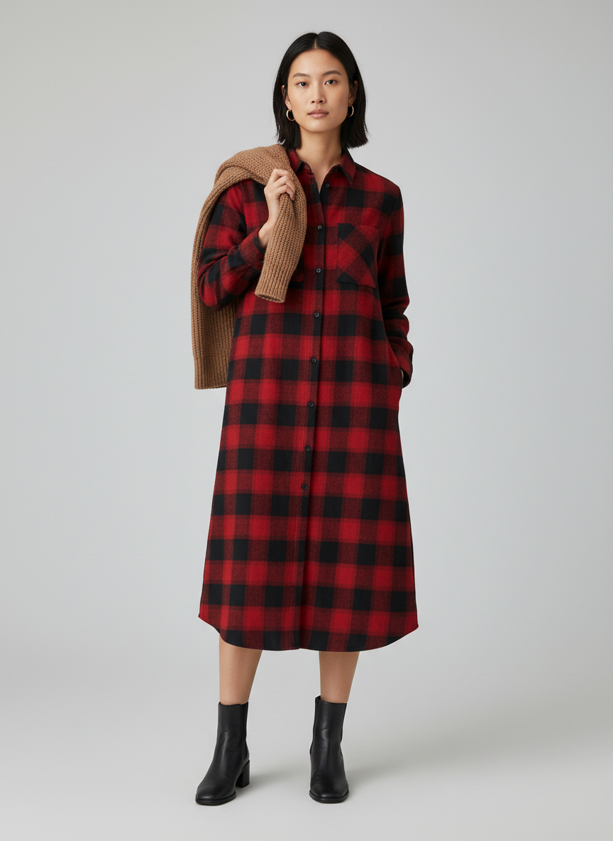 Solstice Plaid Flannel Shirt Dress Small Red/Black Main Image