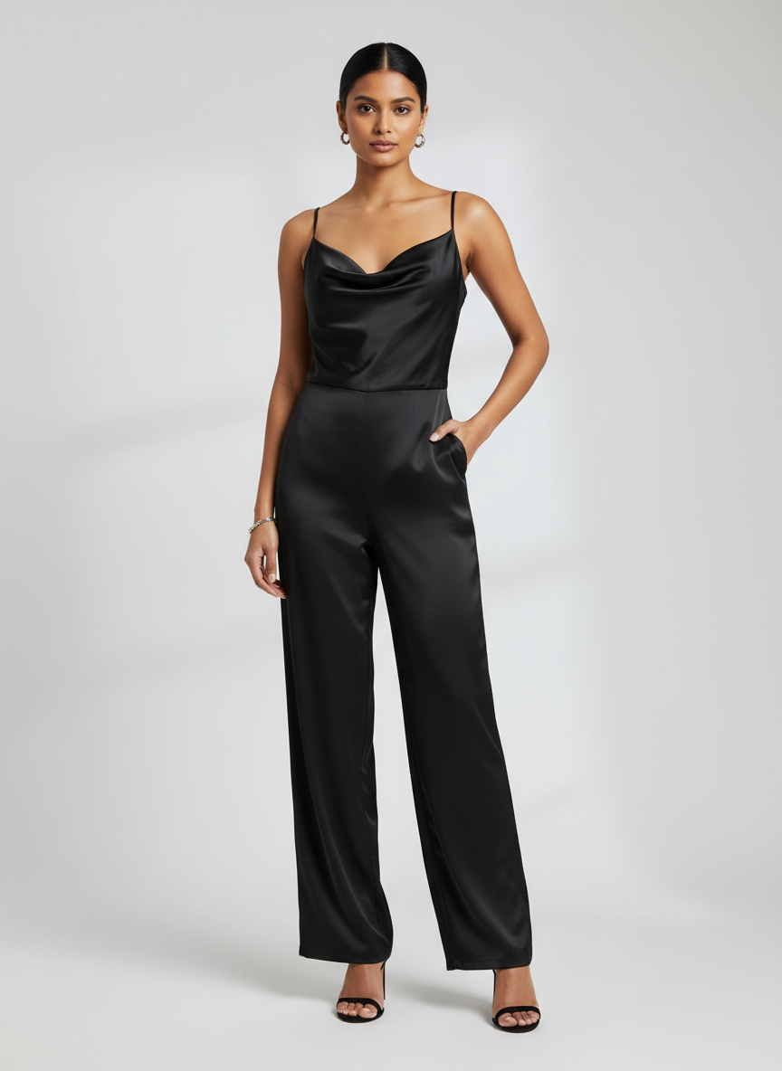Aura Satin Cowl Neck Jumpsuit X-Large Black Main Image