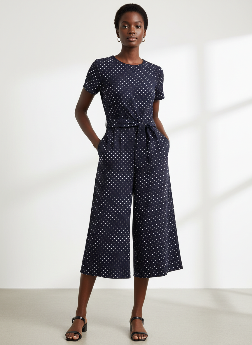Lumina Tie-Front Culotte Jumpsuit Large Navy Dot Main Image