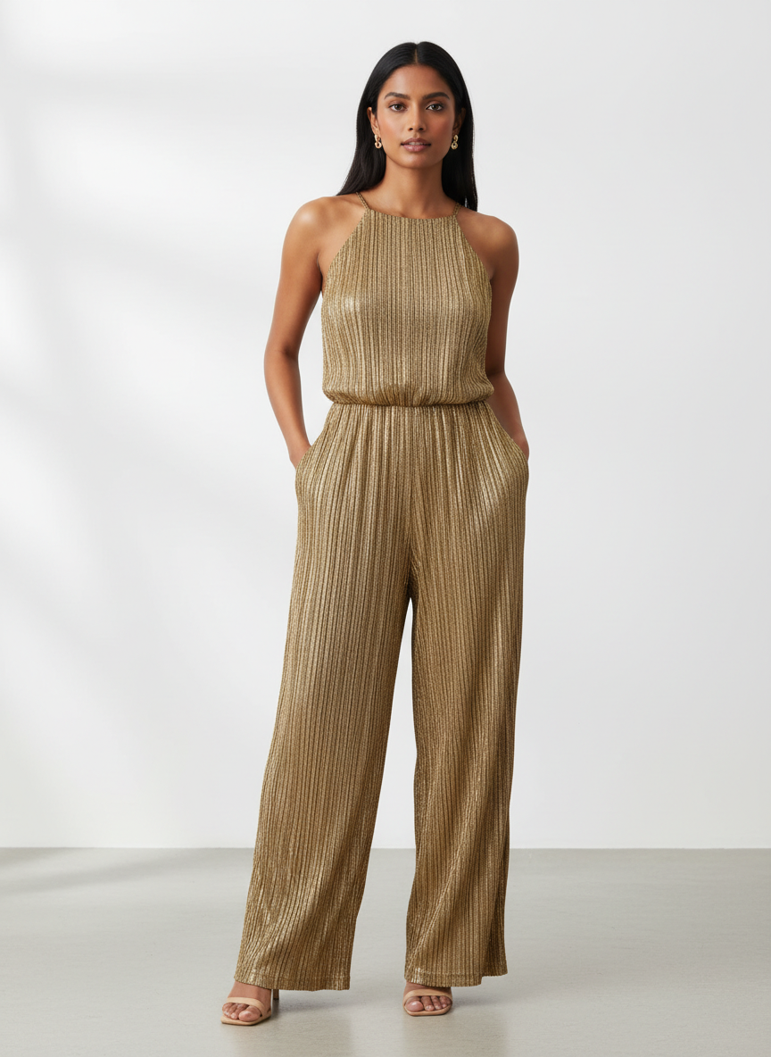 Aura Plisse Halter Jumpsuit Large Metallic Gold Main Image