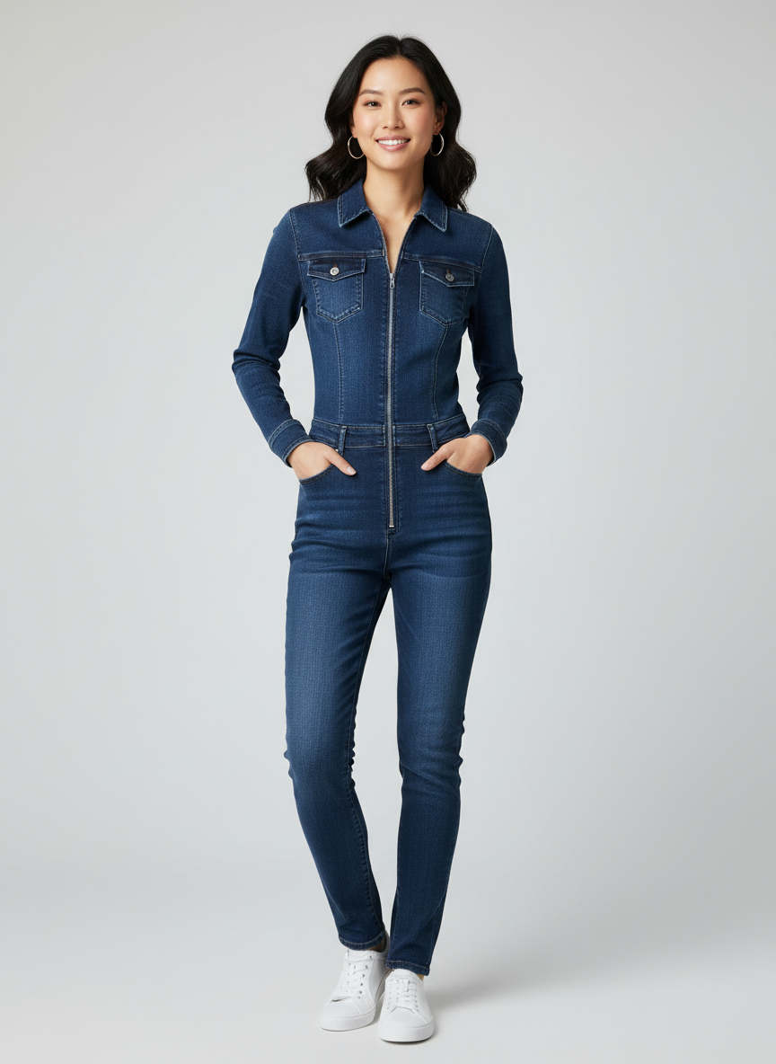 Rebel Denim Zip-Front Jumpsuit Small Dark Wash Main Image