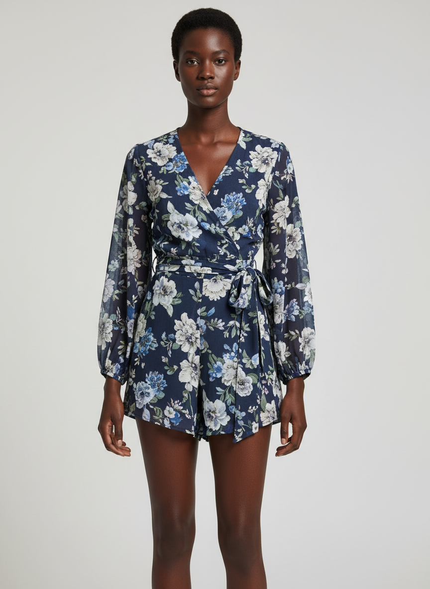 Lumina Wrap Tie Romper Small Midnight Floral Main Image