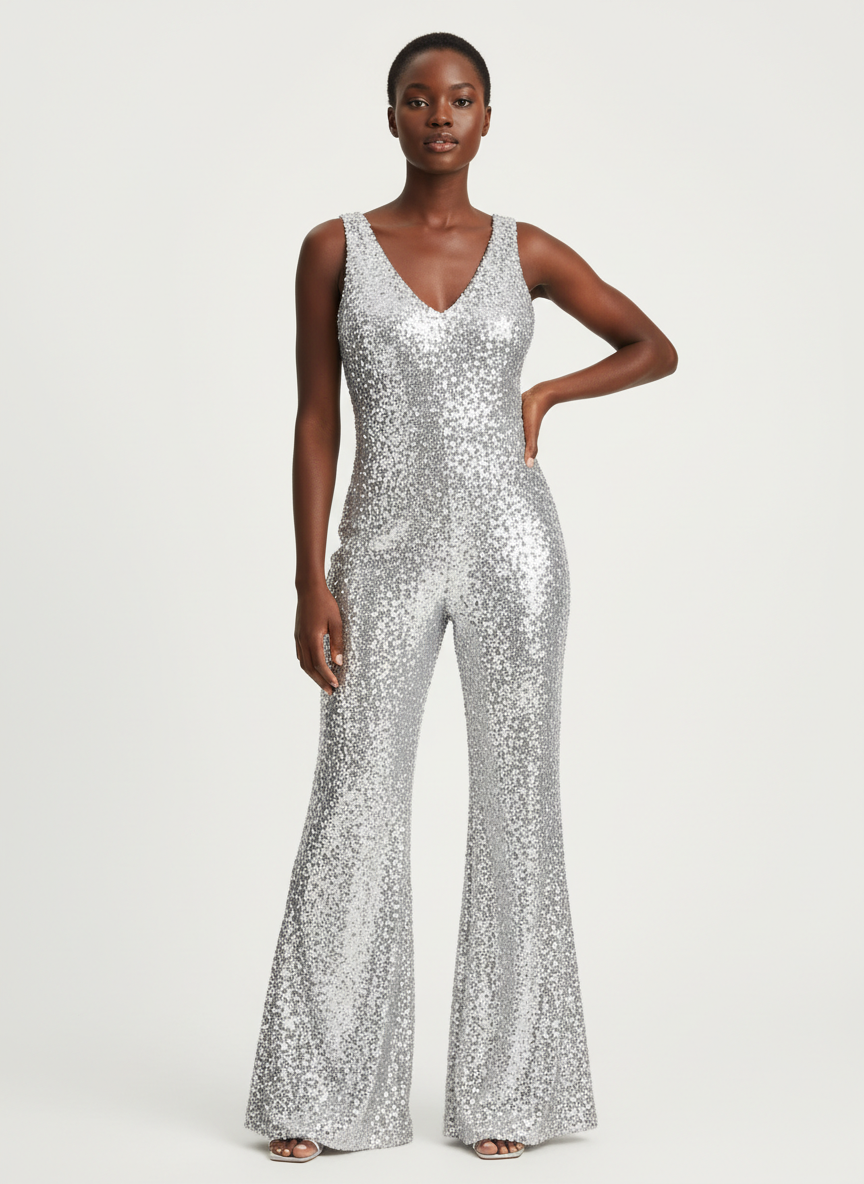 Aura Sequin Flared Jumpsuit Medium Silver Main Image