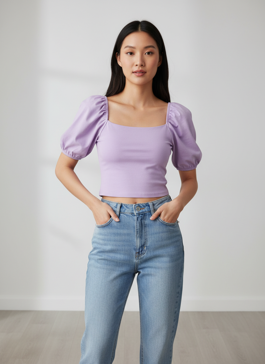 Aura Puffed Sleeve Crop Top Large Lilac Main Image