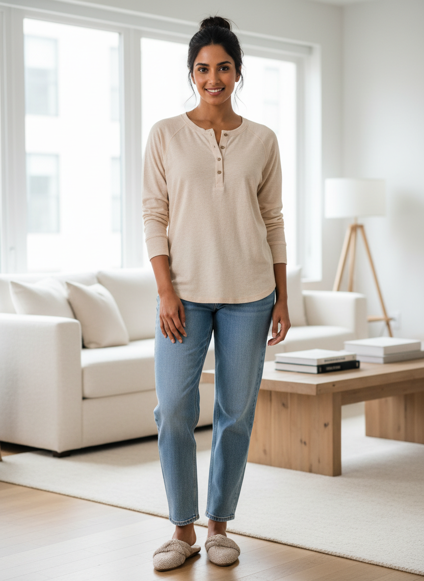 Nova Henley Long Sleeve Large Oatmeal Main Image