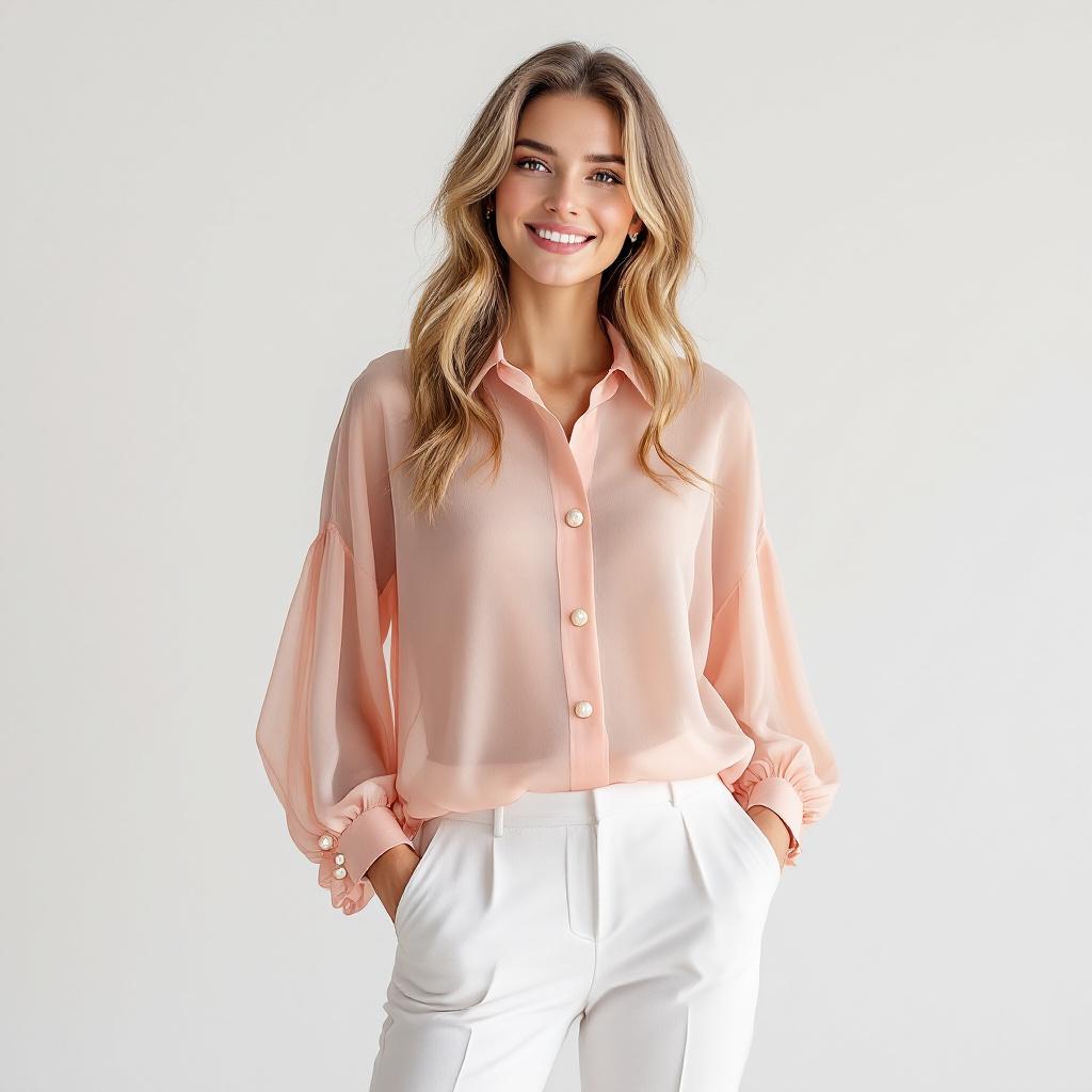 Sheer Peach Balloon Sleeve Blouse Main Image